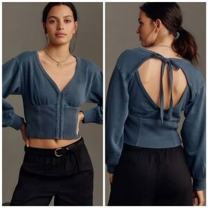 Anthro PILCRO Open Back Blue Long Sleeve Sweatshirt Crop Top, XL